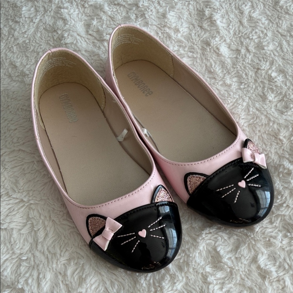 Gymboree Little Girls Size 13 Pink, Black Cat Face Slip On Ballet Flats Shoes